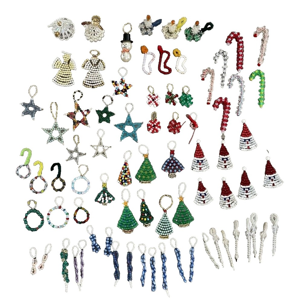 Lot‎ of 75 Vintage Handmade Beaded  Christmas Ornament Angels Stars Trees Santa